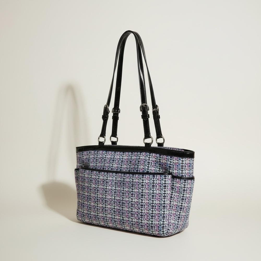 Coach Tweed Plaid Tote F17699 Black Patent Trim Satchel - Picture 3 of 16